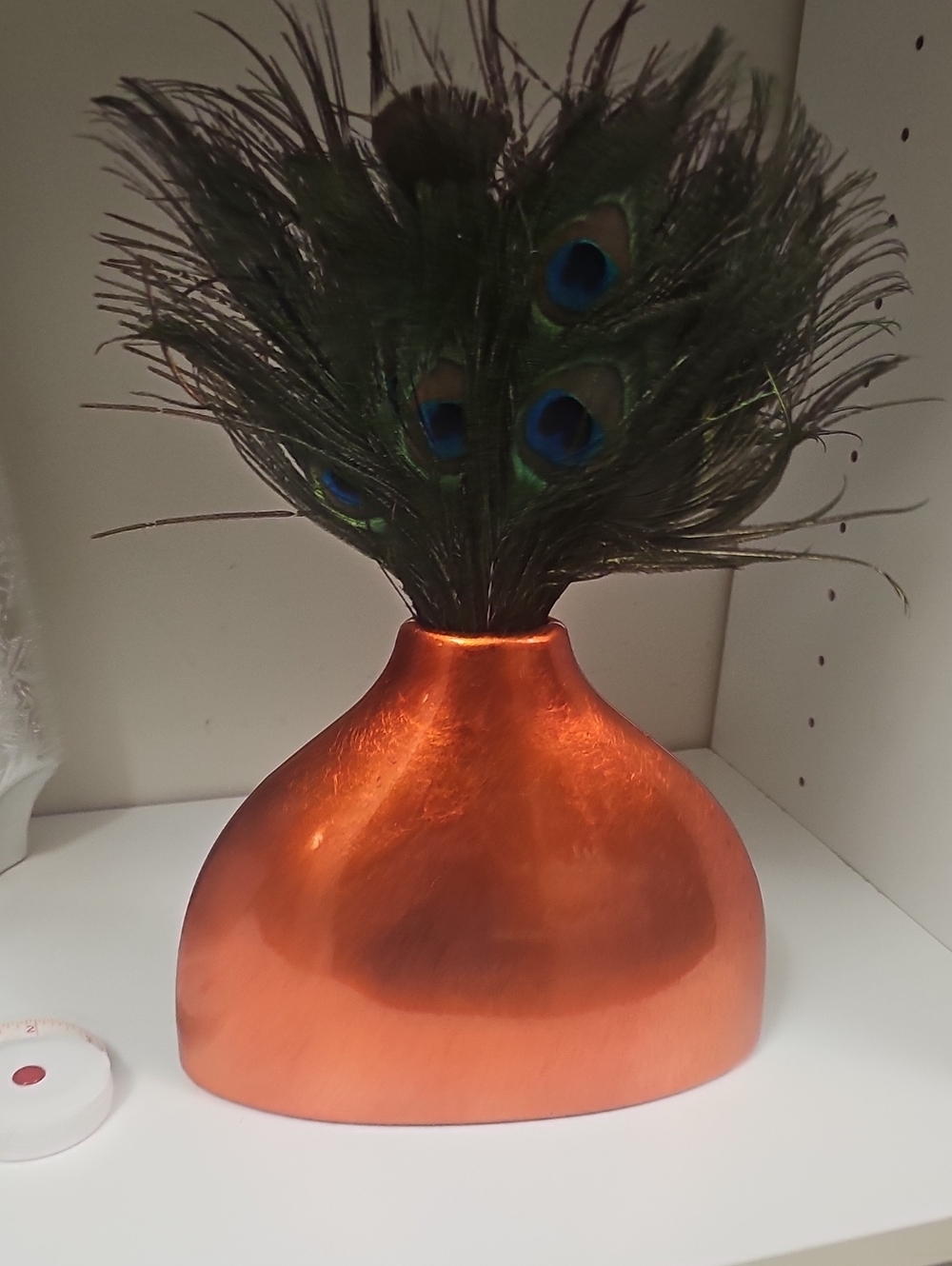 Copper Orange Decorative Vase with Peacock Feather Accent 6"H